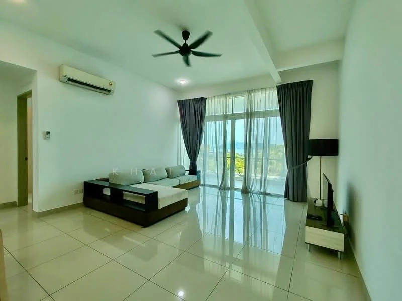 Living features: 3-seater fabric sofa in light grey, ceiling fan with 5 blades, wall-mounted TV, TV console in light wood, floor-to-ceiling windows, sheer curtains, grey accent wall, glossy tile flooring, air conditioning unit on wall, decorative lamp, natural light from windows, view of greenery outside; style: modern; view: garden.