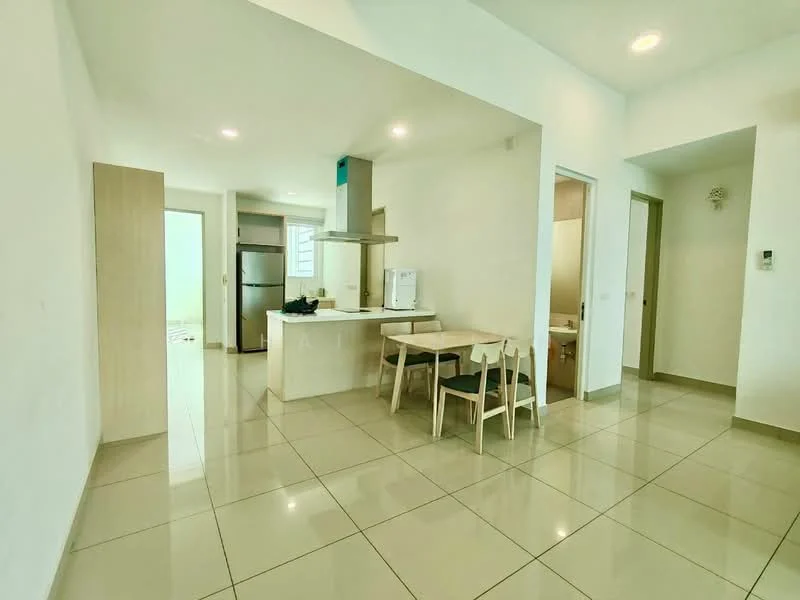 Kitchen features: white painted walls, glossy tile flooring, kitchen island, stainless-steel fridge, built-in oven, 4-burner gas hob, white cabinetry, extractor hood, dining table with four chairs, recessed downlights; style: modern. Room features: glossy tile flooring, white painted walls, doorway to bathroom, doorway to living area.