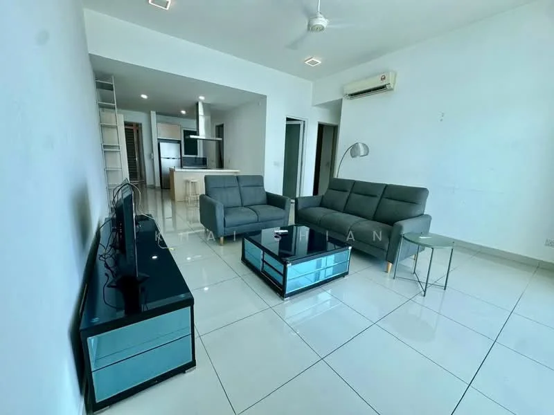 Living features: 2-seater fabric sofa in grey, 3-seater fabric sofa in grey, glass coffee table, TV console, wall-mounted TV, white painted walls, polished tile flooring, ceiling fan, air conditioning unit, large windows, natural light; style: modern.