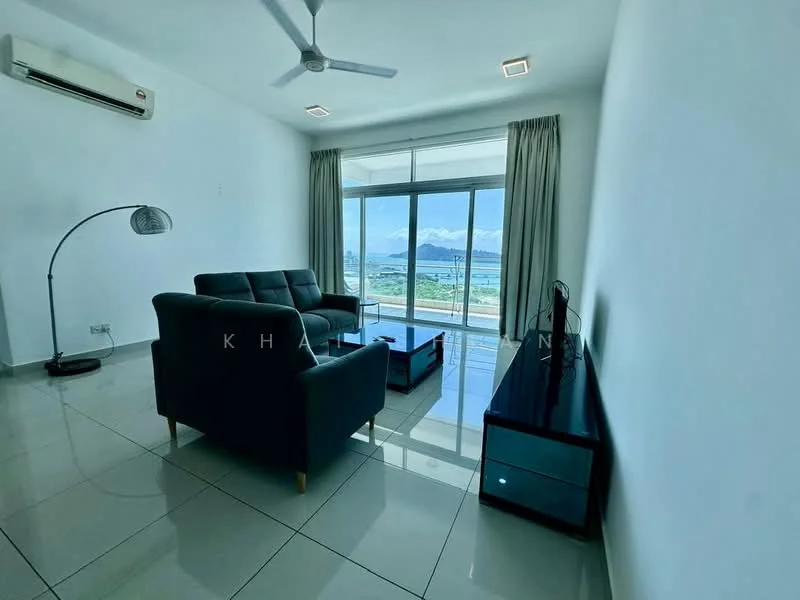 Living features: 3-seater fabric sofa in dark grey, floor-to-ceiling windows, curtains in light grey, white painted walls, polished ceramic tile flooring, ceiling fan, LED recessed downlights, TV console in black, decorative floor lamp, mountain view, city view; style: modern; view: mountain.