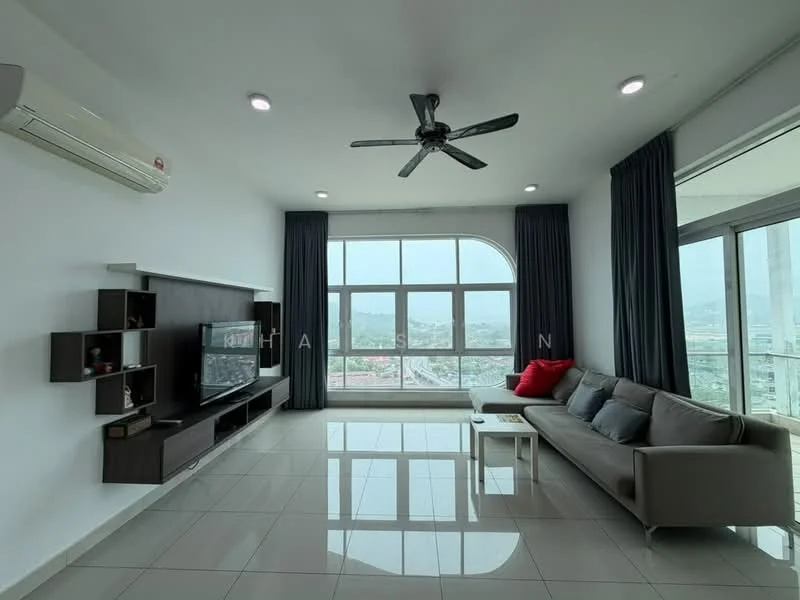 Living features: grey fabric sofa, red accent pillow, wall-mounted TV, dark wood TV console, floor-to-ceiling windows, city view, white painted walls, recessed LED downlights, 5-blade ceiling fan with light, glossy tile flooring, dark blue curtains, open shelving unit; style: modern; view: city.