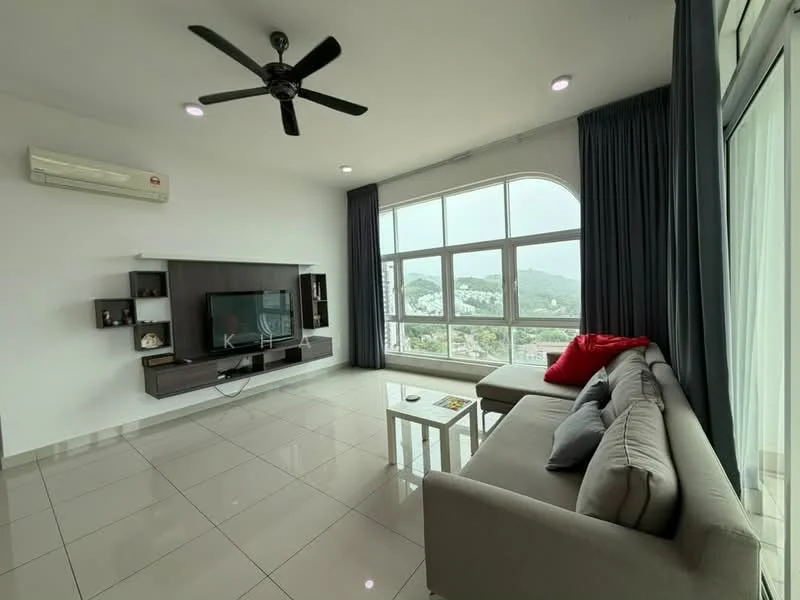 Living features: grey fabric sofa, white coffee table, wall-mounted TV, TV console with storage, floor-to-ceiling windows, curtains, ceiling fan, air conditioning unit, glossy tile flooring, mountain view; style: modern; view: mountain.