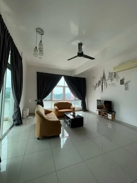 Living features: 2-seater fabric sofa in beige, 3-blade ceiling fan, coffee table, wall-mounted TV, TV console, floor-to-ceiling windows, blackout curtains, white walls, grey tile flooring, decorative wall art; style: modern; view: city.