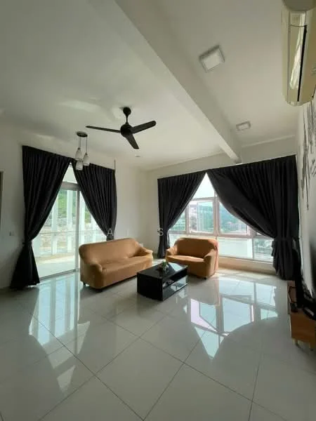 Living features: 2-seater beige sofa, 3-seater beige sofa, black coffee table, floor-to-ceiling windows, black curtains, white painted walls, polished ceramic tile flooring, ceiling fan with light, recessed downlights; style: modern; view: city.