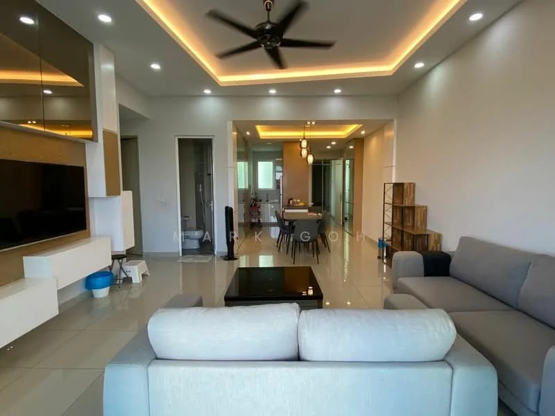 Living features: grey fabric 3-seater sofa, light grey fabric 2-seater sofa, black coffee table, wall-mounted TV, built-in media console, ceiling fan with light, recessed LED downlights, white walls, glossy tile flooring, decorative wall with wood accents, open layout to dining area, large windows for natural light; style: modern. Dining features: dining table with chairs, pendant lighting above dining table, open layout to living area, white walls, glossy tile flooring; style: modern. Kitchen features: kitchen island, built-in cabinetry, stainless-steel appliances, white countertops, open layout to dining area; style: modern.