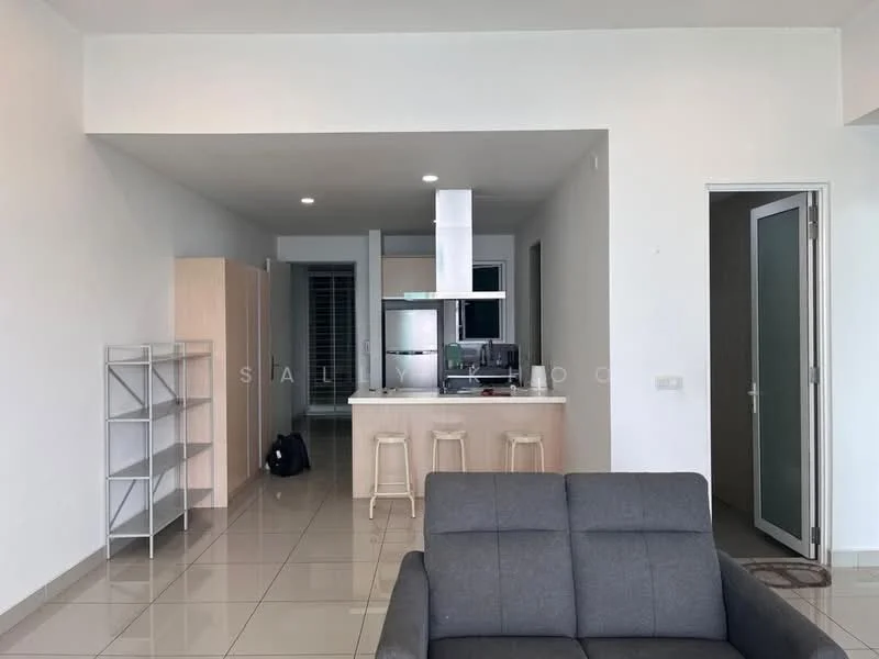 Living features: grey fabric sofa, tile flooring, white painted walls, recessed downlights, open-plan layout, floor-to-ceiling windows, built-in shelving unit, kitchen island with seating, bar stools, kitchen cabinetry, stainless-steel fridge, microwave, kitchen countertop, open space leading to kitchen; style: modern. Kitchen features: stainless-steel fridge, built-in oven, kitchen island, bar stools, white cabinetry, tile backsplash, recessed downlights; style: modern.