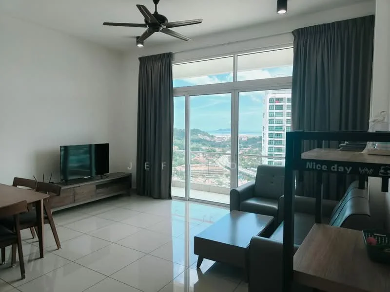 Living features: floor-to-ceiling windows, grey curtains, 3-seater fabric sofa in grey, coffee table, TV console, wall-mounted TV, ceiling fan, white painted walls, glossy tile flooring, decorative wall shelf; style: modern; view: city. Dining features: 6-seater dining table, wooden dining chairs, open shelving unit; style: modern; view: city.