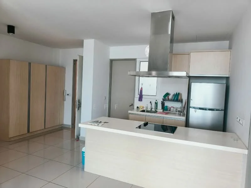 Kitchen features: island countertop, stainless-steel range hood, built-in oven, freestanding fridge, light wood cabinetry, white tiled backsplash, ceramic tile flooring, recessed downlights, sink, kitchen utensils on countertop, open shelving, pantry cabinet; style: modern.