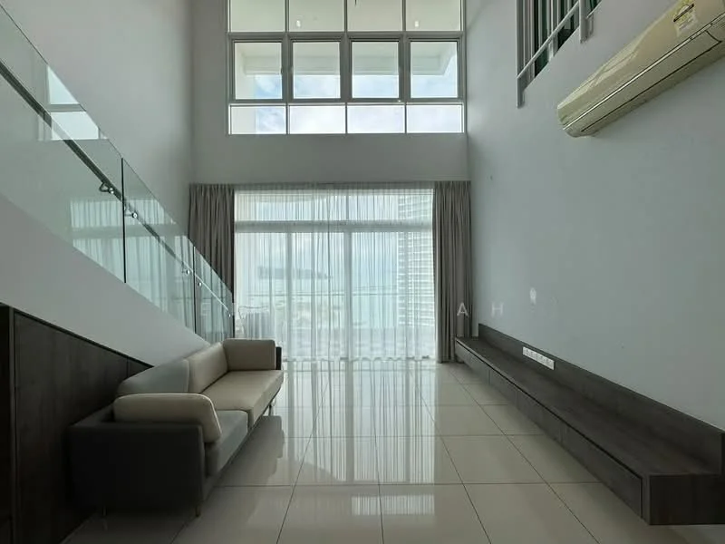 Living features: floor-to-ceiling windows, grey curtains, white painted walls, polished tile flooring, sofa in light beige, wooden feature wall, wall-mounted TV console, 1 wall-mounted split AC; style: modern; view: city.