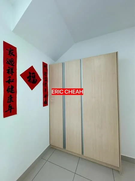 Room features: light grey tiled flooring, white painted walls, sliding wardrobe with wooden finish, decorative red wall hangings; style: modern.