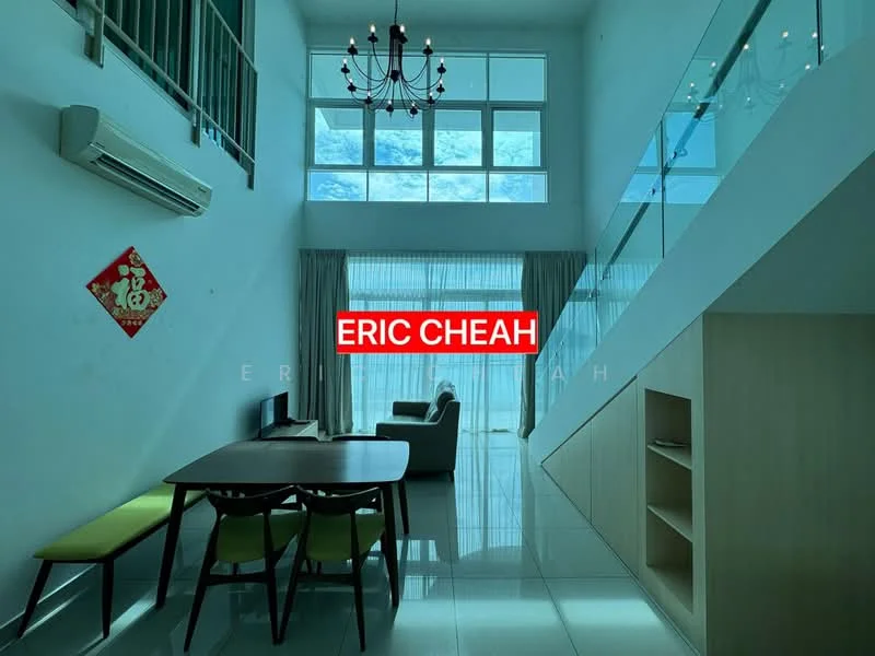 Living features: high ceiling, large floor-to-ceiling windows, white painted walls, polished tile flooring, chandelier, wall-mounted air conditioning unit, sofa, dining table with green chairs, TV console, natural light, curtains, open space; style: modern; view: sky.
