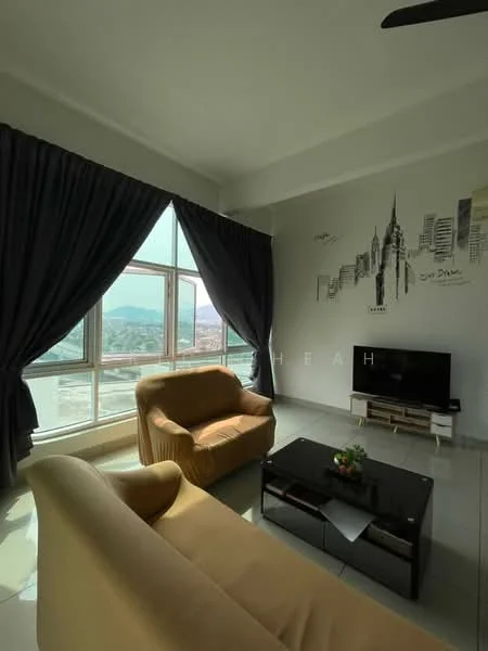 Living features: floor-to-ceiling windows, blackout curtains, 2-seater fabric sofa in beige, 3-seater fabric sofa in beige, coffee table, wall-mounted TV, decorative wall art, ceramic tile flooring, ceiling fan; style: modern; view: city.