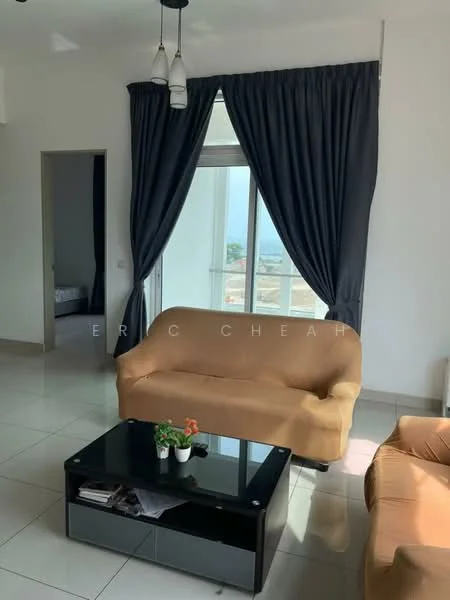 Living features: beige fabric sofa, black coffee table, white walls, grey curtains, large window with city view, tile flooring, recessed ceiling lights, decorative plant on table; style: modern; view: city. Room features: white walls, grey curtains, doorway leading to another room.