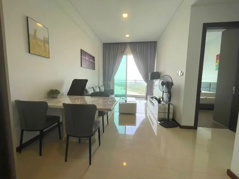 Living features: white painted walls, glossy tile flooring, floor-to-ceiling windows, curtains, sofa in dark grey, 4 upholstered dining chairs, marble dining table, coffee table, ceiling lights, standing fan, decorative plant, view of outdoor space; style: modern; view: garden. Room features: doorway leading to another room, neutral wall color.