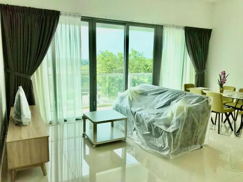 Living features: floor-to-ceiling windows, sheer curtains, blackout curtains, 3-seater sofa covered with plastic, coffee table, TV console, wall-mounted TV, dining table with chairs, glossy tile flooring, decorative plant, view of greenery; style: modern; view: garden.