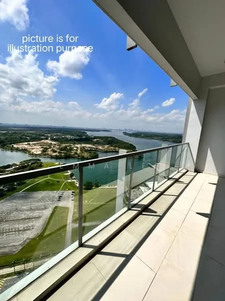 Room features: glass railing, tile flooring, outdoor space, panoramic view, city skyline view, water view, sunny atmosphere, open-air balcony; style: modern; view: city.
