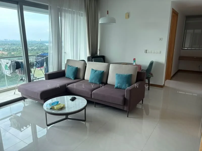 Living features: L-shape sectional sofa in grey and beige, coffee table with round glass top, floor-to-ceiling windows, curtains, white painted walls, polished ceramic tile flooring, decorative cushions in blue, wall-mounted light fixture, view of city skyline; style: modern; view: city. Room features: balcony with clothes drying rack, white painted walls, natural light from windows.