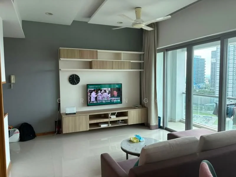 Living features: grey accent wall, white painted walls, marble tile flooring, 5-blade ceiling fan with light, wall-mounted TV, TV console with storage, open shelving unit, large sliding glass door, floor-to-ceiling windows, curtains, sofa in light color, coffee table, decorative wall clock; style: modern; view: city.
