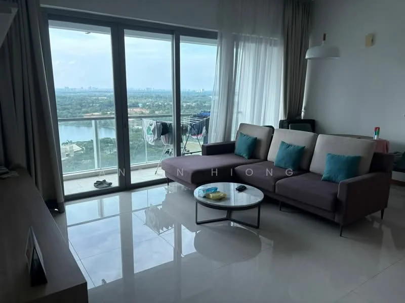 Living features: 3-seater fabric sofa in grey, 2-seater fabric sofa in beige, coffee table, floor-to-ceiling windows, city view, polished tile flooring, curtains, wall-mounted light fixture, decorative cushions in teal, TV console, wall-mounted TV; style: modern; view: city.