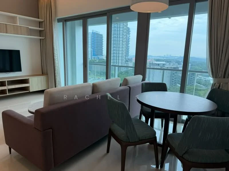 Living features: 3-seater fabric sofa in light grey, coffee table, TV console, wall-mounted TV, floor-to-ceiling windows, curtains, dining table with 4 chairs, recessed lighting, polished tile flooring; style: modern; view: city.