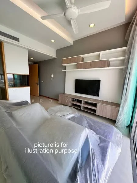 Living features: 3-seater sofa covered with plastic, wall-mounted TV, wooden TV console, floating shelves, ceiling fan, large windows with sheer curtains, grey accent wall, light-colored flooring, recessed lighting; style: modern; view: city.