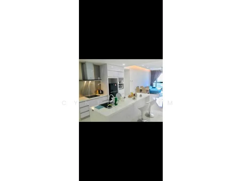 Kitchen features: white cabinetry, marble countertop, stainless-steel built-in oven, stainless-steel microwave, 4-burner gas hob, single-bowl stainless-steel sink, chrome pull-down faucet, pendant lighting, recessed downlights, bar seating, open shelving, tile backsplash, floor-to-ceiling windows, view of city skyline; style: modern; view: city.