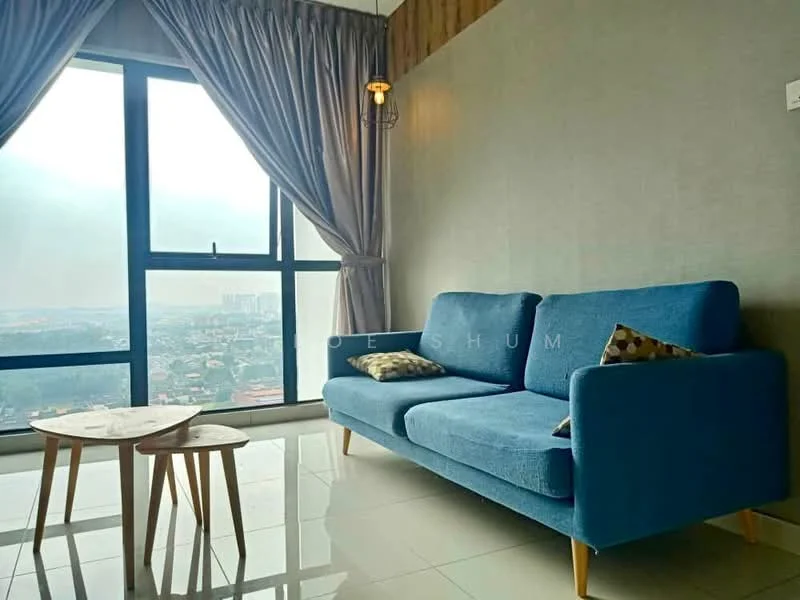 Living features: blue fabric sofa, wooden coffee table, floor-to-ceiling windows, curtains, grey painted walls, light fixture on wall, tile flooring, decorative cushions; style: modern; view: city.