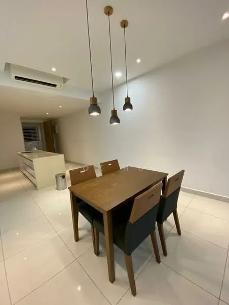Dining features: wooden dining table, 4 dining chairs with upholstered seats, 3 pendant lights above the table, white painted walls, tile flooring, wall-mounted split AC, recessed ceiling lights; style: modern. Kitchen features: kitchen island, white cabinetry, stainless-steel appliances; style: modern.