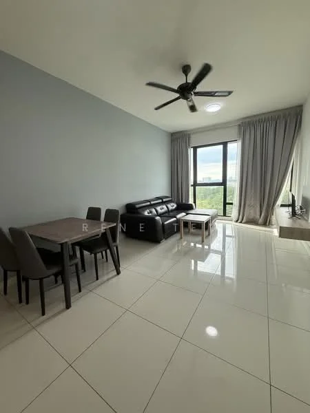 Living features: 3-seater leather sofa in black, coffee table, TV console, wall-mounted TV, dining table for 4 with grey upholstered chairs, white tiled flooring, grey painted walls, ceiling fan with light, floor-to-ceiling windows with sheer curtains, natural light from window, recessed ceiling light; style: modern; view: city.