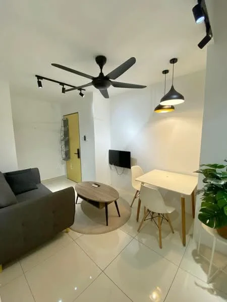 Living features: 3-seater fabric sofa in grey, coffee table, wall-mounted TV, dining table for 4 with white surface, 4 white dining chairs, ceiling fan with 5 blades, track lighting, white painted walls, glossy tile flooring, indoor plant in ceramic pot, rug under coffee table; style: modern.