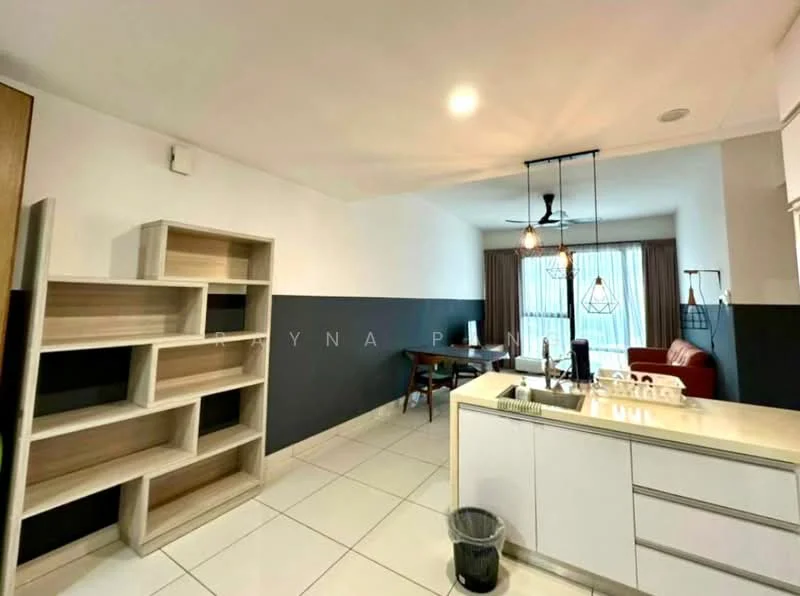 Living features: white painted walls, grey accent wall, tile flooring, recessed downlights, pendant light, floor-to-ceiling windows, curtains, open shelving unit, dining table, red leather sofa, waste bin; style: modern.