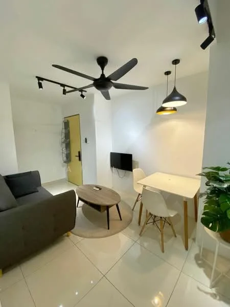 Living features: 3-seater fabric sofa in grey, round coffee table, TV console, wall-mounted TV, 4-blade ceiling fan, recessed LED downlights, pendant lamp, white dining table, 4 white dining chairs, decorative plant in ceramic pot, white painted walls, glossy tile flooring; style: modern.