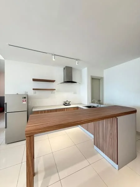 Kitchen features: wooden kitchen island, stainless-steel range hood, single-bowl stainless-steel sink, chrome pull-down faucet, white cabinetry, open shelving, ceramic tile flooring, recessed downlights, built-in oven, stainless-steel fridge; style: modern.