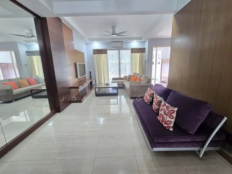 Living features: 3-seater fabric sofa in purple, 2-seater fabric sofa in beige, colorful throw pillows, coffee table, TV console, wall-mounted TV, floor-to-ceiling windows, curtains, ceiling fan with light, polished tile flooring, wood panel accent wall, decorative wall art; style: modern.