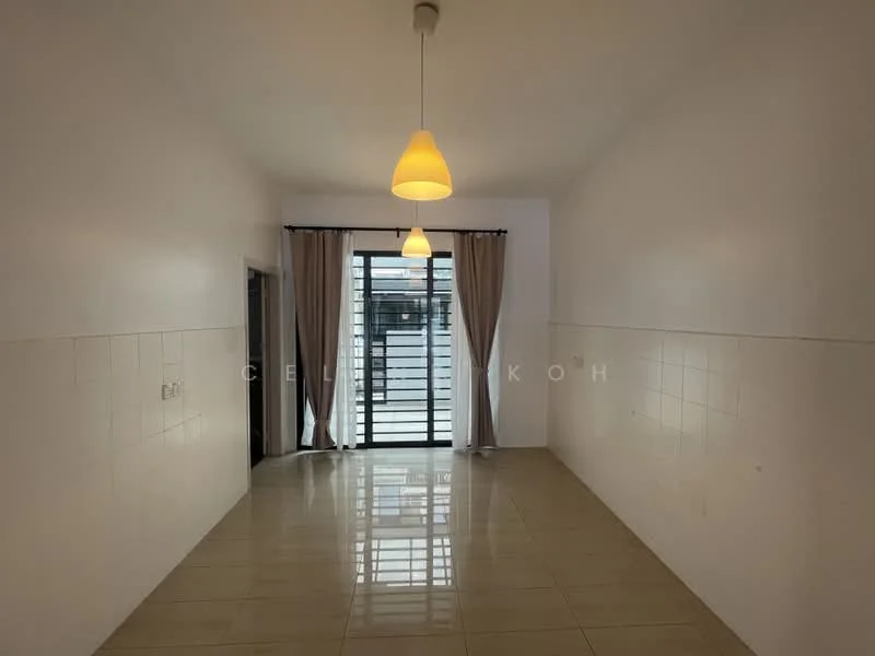 Room features: white painted walls, glossy beige tile flooring, large sliding glass door, curtains, pendant light fixture, neutral color scheme; style: modern.