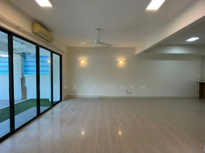 Living features: large sliding glass doors, floor-to-ceiling windows, white painted walls, recessed downlights, 5-blade ceiling fan, glossy tile flooring, wall-mounted air conditioning unit, decorative wall sconces; style: modern; view: garden.