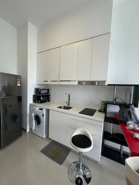 Kitchen features: white cabinetry, stainless-steel sink, chrome pull-down faucet, built-in microwave, stainless-steel fridge, front-load washing machine, white countertop, grey backsplash, bar stool, open shelving, tile flooring, recessed downlights; style: modern.