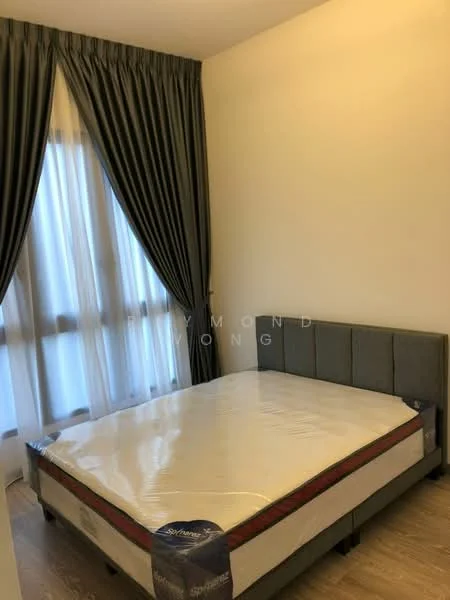 Bedroom features: queen-size bed, upholstered headboard, floor-to-ceiling windows, sheer curtains, dark grey curtains, wooden flooring, light beige painted walls, decorative wall paneling; style: modern.