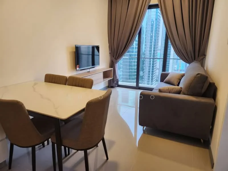 Living features: grey fabric sofa, coffee table, wall-mounted TV, TV console, floor-to-ceiling windows, curtains, marble tile flooring, decorative wall, area rug; style: modern; view: city. Dining features: 4-seater dining table with marble top, upholstered dining chairs; style: modern.