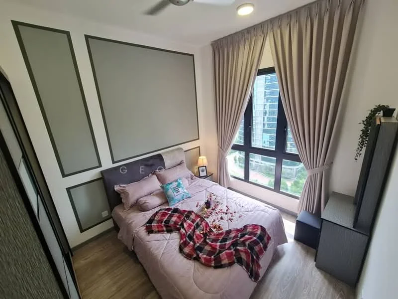 Bedroom features: queen-size bed with pink bedding, decorative throw pillows, plaid throw blanket, floor-to-ceiling windows, sheer curtains, grey accent wall with paneling, light wood flooring, nightstand with lamp, decorative plant, wall-mounted artwork; style: modern; view: garden.