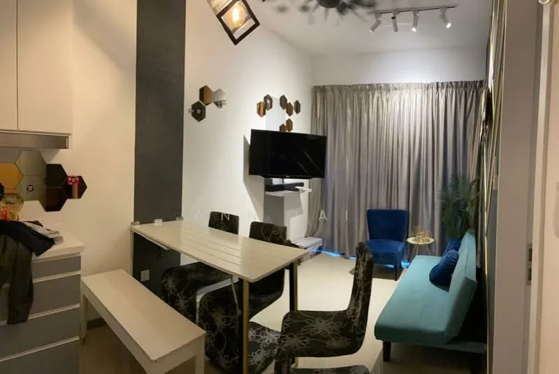 Living features: sofa in teal, 3-seater dining table, 4 upholstered dining chairs with patterned fabric, wall-mounted TV, floor-to-ceiling curtains in grey, decorative wall panels in hexagonal shapes, ceiling fan with light, recessed LED downlights, light-colored flooring, potted plant; style: modern.