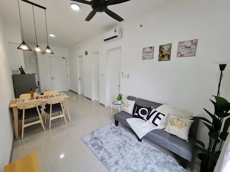 Living features: grey fabric sofa, decorative cushions with text, area rug with geometric pattern, wall-mounted TV, ceiling fan, recessed downlights, decorative wall art, potted plant; style: modern. Dining features: round dining table, wooden dining chairs, table setting with plates and glasses, wall clock, refrigerator, white painted walls, grey tiled flooring; style: modern.