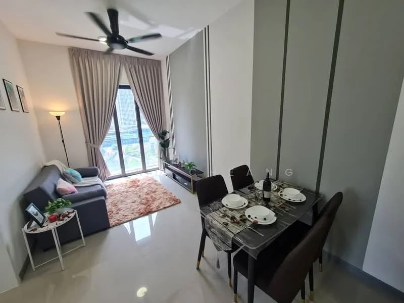 Living features: 3-seater fabric sofa in grey, area rug with geometric pattern, floor-to-ceiling windows, curtains, ceiling fan, wall-mounted lamp, dining table for 4, upholstered dining chairs, decorative wall art, decorative plants; style: modern; view: city.