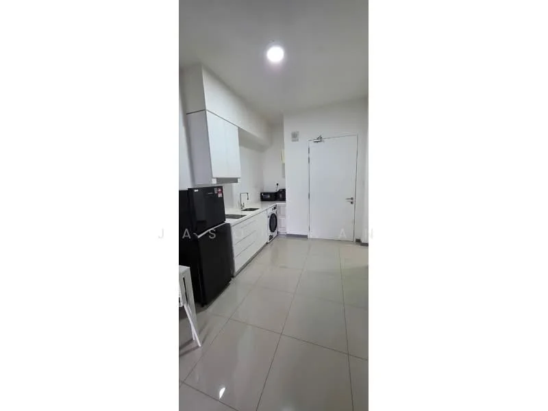 Kitchen features: white cabinetry, black refrigerator, built-in oven, microwave, single-bowl stainless-steel sink, chrome pull-down faucet, white countertop, washing machine, tile flooring, recessed downlights, wall-mounted cabinets, open shelving; style: modern.