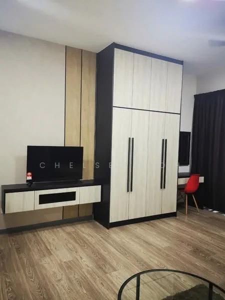 Room features: light wood flooring, cream painted walls, built-in wardrobe with sliding doors, black and beige cabinetry, wall-mounted TV, black TV console, red dining chair, dark curtains, glass coffee table; style: modern.