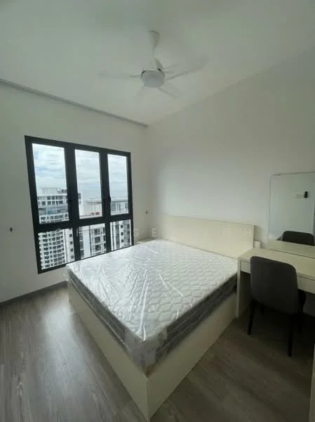 Bedroom features: queen-size bed with mattress, light wood flooring, white painted walls, ceiling fan, floor-to-ceiling windows, black window frames, dressing table with mirror, upholstered chair; style: modern; view: city.