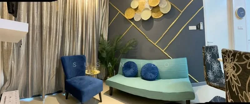 Living features: blue fabric armchair, turquoise sofa, gold and white wall decor, grey curtains, dark accent wall, decorative wall pattern, small round side table, indoor plant; style: modern.