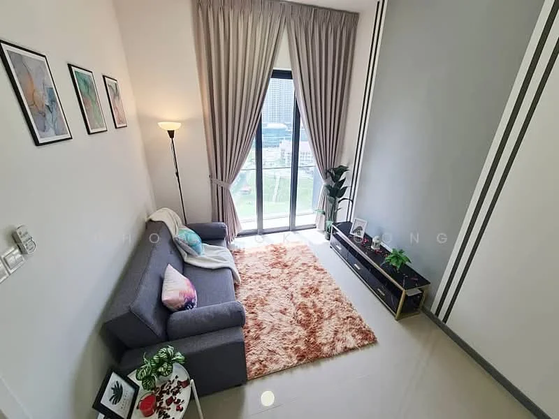 Living features: grey fabric sofa, area rug with geometric pattern, floor-to-ceiling windows, curtains, wall-mounted TV, TV console, decorative plants, wall art, lampshade floor lamp, light-colored walls, polished tile flooring; style: modern; view: city.