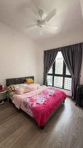 Bedroom features: queen-size bed with pink bedding, upholstered headboard, bedside table, ceiling fan, floor-to-ceiling windows, curtains, wooden flooring, decorative pillows, suitcase, wall with light paint; style: modern; view: city.