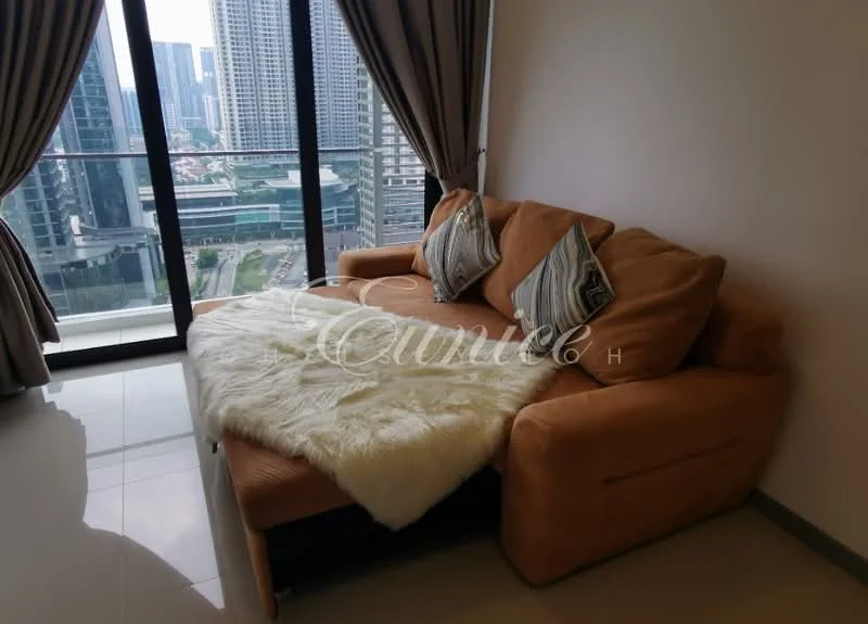 Living features: L-shape sectional sofa in beige, decorative throw blanket, two patterned throw pillows, floor-to-ceiling windows, city skyline view, grey curtains, glossy tile flooring, neutral wall color; style: modern; view: city.